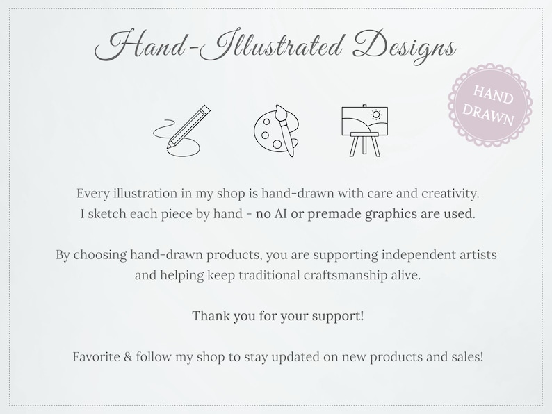 K&ouml;nnte beinhalten: Helle Grafik mit dem Text "Hand-Illustrated Designs" und drei kleinen Illustrationen: ein Bleistift, eine Farbpalette mit Pinsel und ein Gem&auml;lde auf einer Staffelei. Der Text besagt auch, dass jede Illustration handgezeichnet ist.