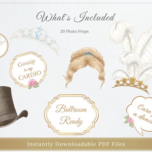 K&ouml;nnte beinhalten: Eine Sammlung von 20 Foto-Requisiten, darunter ein Zylinder, eine Tiara und Sprechblasen mit S&auml;tzen wie "Gossip is my Cardio" und "Care for a dance?" Die Requisiten sind im Vintage-Stil gestaltet.