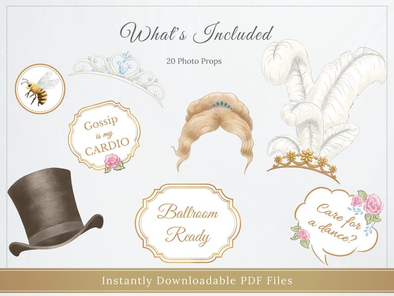 K&ouml;nnte beinhalten: Eine Sammlung von 20 Foto-Requisiten, darunter ein Zylinder, eine Tiara und Sprechblasen mit S&auml;tzen wie "Gossip is my Cardio" und "Care for a dance?" Die Requisiten sind im Vintage-Stil gestaltet.