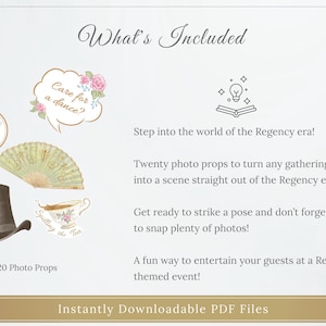 K&ouml;nnte beinhalten: Digitaler Download mit 20 Foto-Requisiten im Regency-Stil. Enth&auml;lt einen Zylinder, einen F&auml;cher, eine Teetasse und eine Sprechblase mit dem Text "Care for a dance?" Das Bild enth&auml;lt auch eine Bienenillustration.