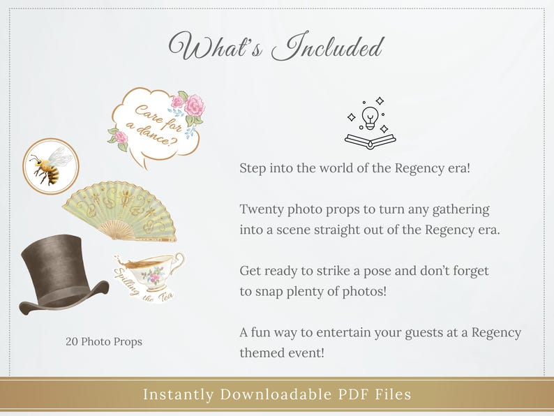 K&ouml;nnte beinhalten: Digitaler Download mit 20 Foto-Requisiten im Regency-Stil. Enth&auml;lt einen Zylinder, einen F&auml;cher, eine Teetasse und eine Sprechblase mit dem Text "Care for a dance?" Das Bild enth&auml;lt auch eine Bienenillustration.