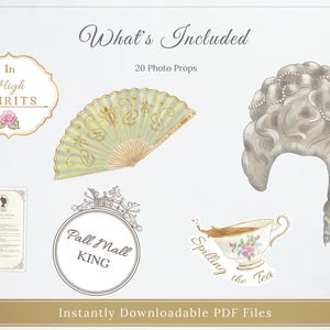 K&ouml;nnte beinhalten: Digitale Foto-Requisiten mit einem hellgr&uuml;nen F&auml;cher, einer wei&szlig;en Per&uuml;cke mit einem roten Juwel, einer Teetasse mit dem Text "Spilling the Tea" und anderen Elementen im Vintage-Stil. Der Text "What's Included" und "Instantly Downloadable PDF Files" sind ebenfalls sichtbar.