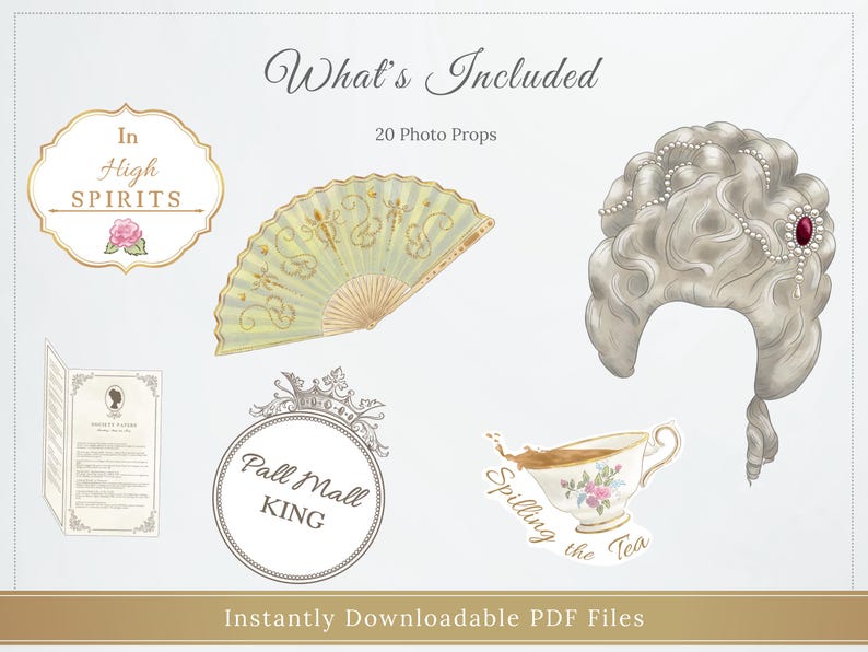 K&ouml;nnte beinhalten: Digitale Foto-Requisiten mit einem hellgr&uuml;nen F&auml;cher, einer wei&szlig;en Per&uuml;cke mit einem roten Juwel, einer Teetasse mit dem Text "Spilling the Tea" und anderen Elementen im Vintage-Stil. Der Text "What's Included" und "Instantly Downloadable PDF Files" sind ebenfalls sichtbar.