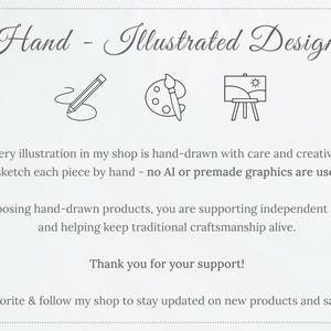 K&ouml;nnte beinhalten: Eine hellgraue Karte mit dem Text "Hand - Illustrated Designs" in eleganter Schrift. Die Karte zeigt Strichzeichnungen von einem Bleistift, einer Palette mit einem Pinsel und einem Gem&auml;lde auf einer Staffelei. Text darunter beschreibt die handgezeichneten Illustrationen.