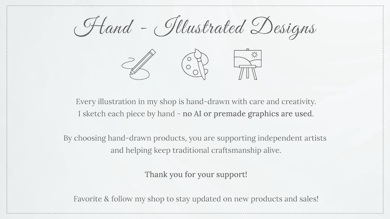K&ouml;nnte beinhalten: Eine hellgraue Karte mit dem Text "Hand - Illustrated Designs" in eleganter Schrift. Die Karte zeigt Strichzeichnungen von einem Bleistift, einer Palette mit einem Pinsel und einem Gem&auml;lde auf einer Staffelei. Text darunter beschreibt die handgezeichneten Illustrationen.