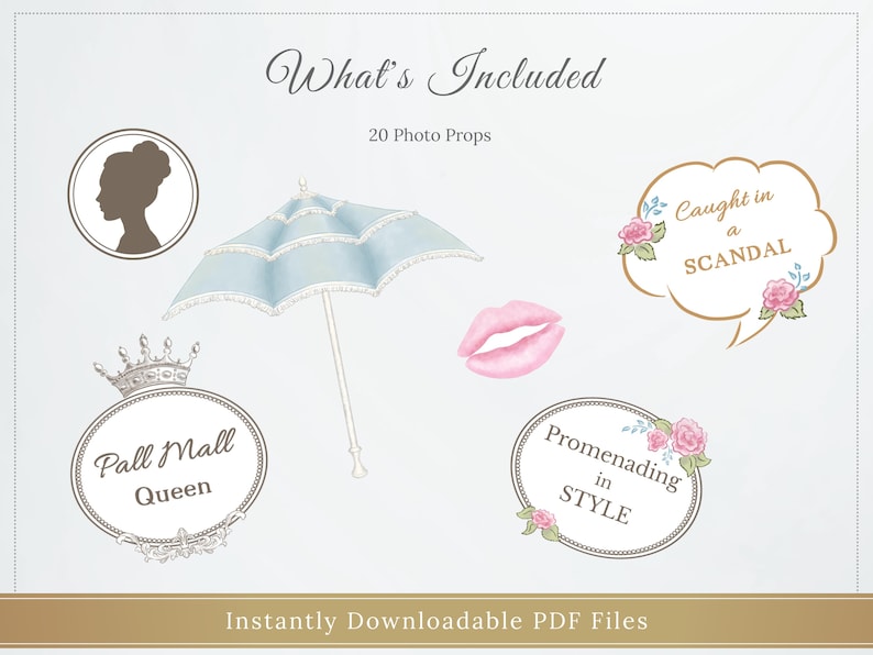 K&ouml;nnte beinhalten: Eine Sammlung von 20 Foto-Requisiten im Vintage-Stil. Das Bild zeigt einen hellblauen Sonnenschirm, rosa Lippen und Sprechblasen mit Texten wie "Caught in a SCANDAL" und "Promenading in STYLE".