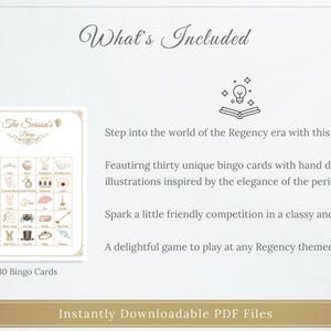 K&ouml;nnte beinhalten: Ein druckbares Bingospiel mit Regency-Thema. Das Spiel enth&auml;lt 30 Bingokarten mit handgezeichneten Illustrationen. Der Text "What's Included" und "The Season's Bingo" sind sichtbar. Das Spiel wird als eine unterhaltsame Art des Wettbewerbs beschrieben.