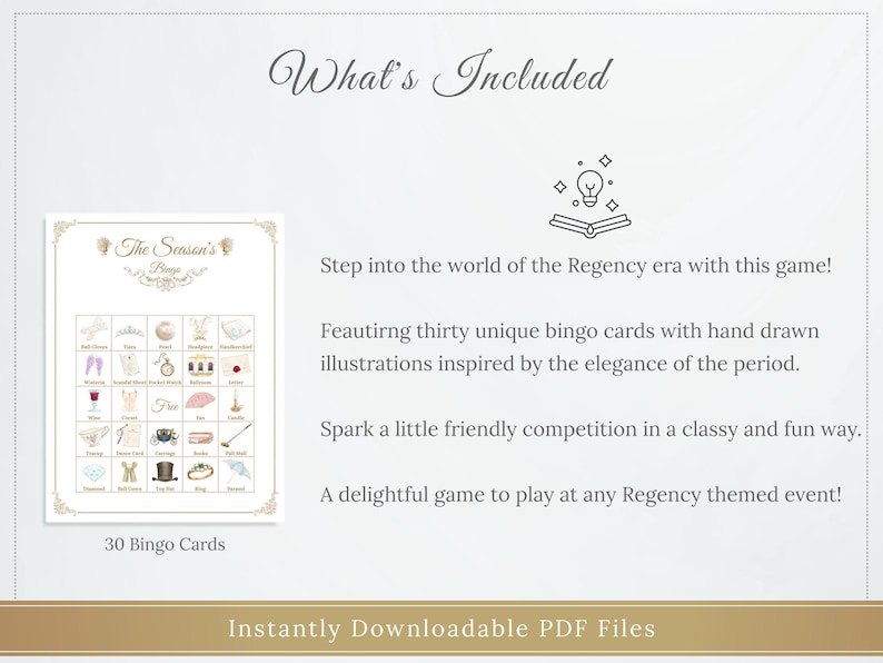 K&ouml;nnte beinhalten: Ein druckbares Bingospiel mit Regency-Thema. Das Spiel enth&auml;lt 30 Bingokarten mit handgezeichneten Illustrationen. Der Text "What's Included" und "The Season's Bingo" sind sichtbar. Das Spiel wird als eine unterhaltsame Art des Wettbewerbs beschrieben.