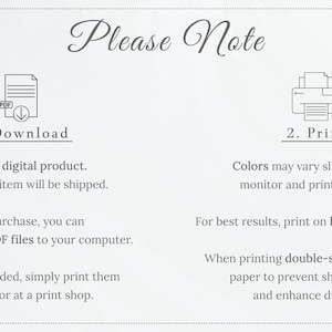 K&ouml;nnte beinhalten: Hinweis f&uuml;r ein digitales Produkt mit dem Text "Please Note". Anweisungen umfassen das Herunterladen von PDF-Dateien und das Drucken zu Hause oder in einer Druckerei. Der Text erw&auml;hnt auch Farbvariationen und das Drucken auf hochwertigem Papier.