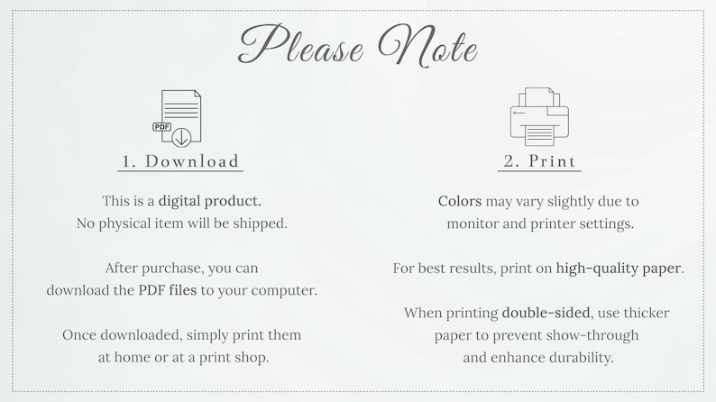 K&ouml;nnte beinhalten: Hinweis f&uuml;r ein digitales Produkt mit dem Text "Please Note". Anweisungen umfassen das Herunterladen von PDF-Dateien und das Drucken zu Hause oder in einer Druckerei. Der Text erw&auml;hnt auch Farbvariationen und das Drucken auf hochwertigem Papier.
