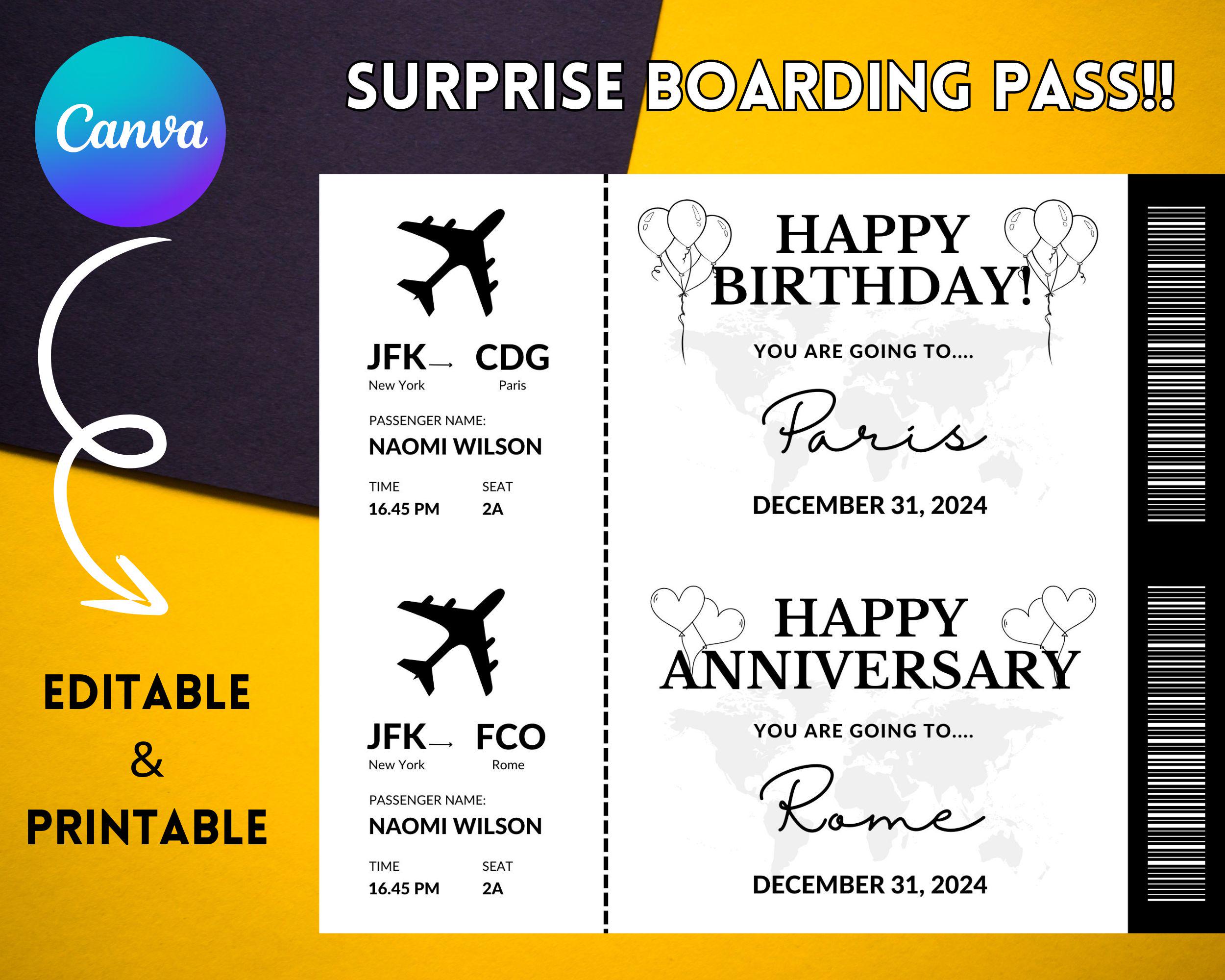 Editable Surprise Trip Ticket, Surprise Boarding Coupon Pass, Event Ticket Template, Fake Plane ...
