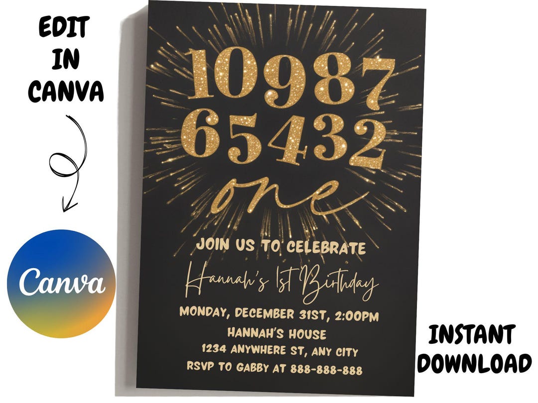 Editable Countdown to One Birthday Invitation, New Years Eve First ...