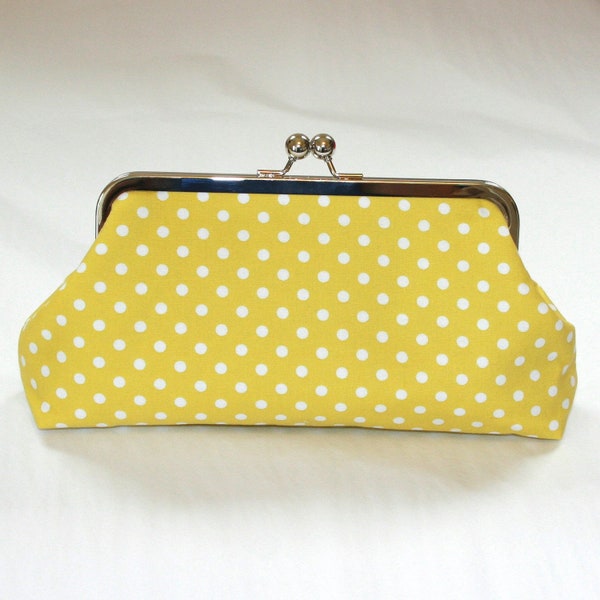 Citron Yellow Polka Dot Kisslock Clutch, Yellow Bridesmaid Clutch, Polka Dot Bridesmaid Clutch