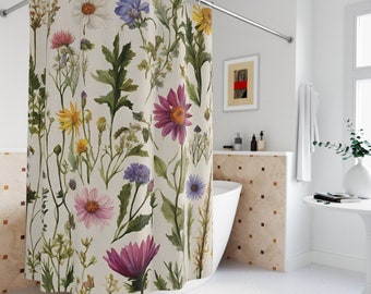 Botanischer Duschvorhang, Floraler Duschvorhang, Botanisches Baddekor, Cottagecore niedlicher Duschvorhang, Boho Vorhänge, Boho Duschvorhang