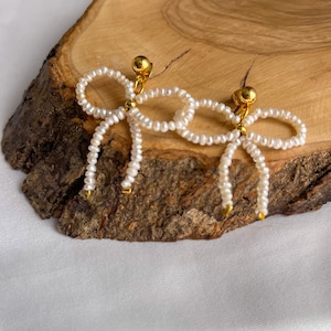 Seed Pearl Earrings,  Dainty Bow Earrings, Pearl Earrings, Freshwater Tiny Pearl Earrings, Gold Steel Drop Earrings
