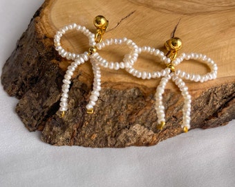 Seed Pearl Earrings,  Dainty Bow Earrings, Pearl Earrings, Freshwater Tiny Pearl Earrings, Gold Steel Drop Earrings