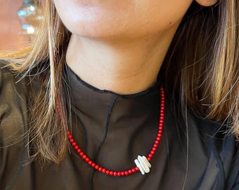 Red Coral Necklace with Natural Freshwater Pearl, Dainty Red Necklace, Boho Red Necklace, Gift for Mom