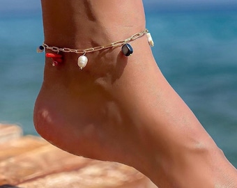 Boho Anklet, Waterproof Beach Jewelry, Beaded Steel Anklet, Lucky Charm Anklet, Dainty Natural Stone Anklet