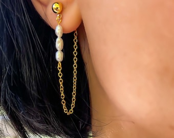 Seed Pearl Earrings, 24K Gold Plated Delicate Chain Earrings