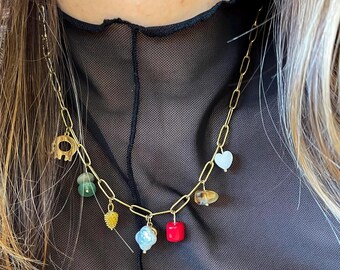 Christmas and Lucky Charm Necklace, Gold Stainless Steel Chain Necklace, Natural Stone Necklace, Protection Jewelry, Christmas Gifts