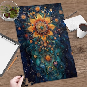 Cosmic Flower Art Jigsaw Puzzle | Celestial Mandala Game, Colorful Floral Puzzle