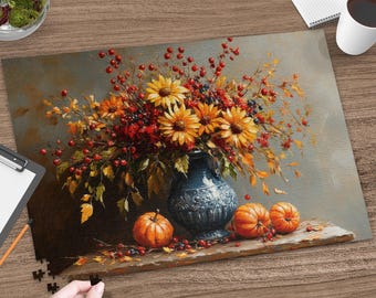 Quebra-cabeça de arte de natureza morta de outono | Quebra-cabeça de flores de outono e abóbora