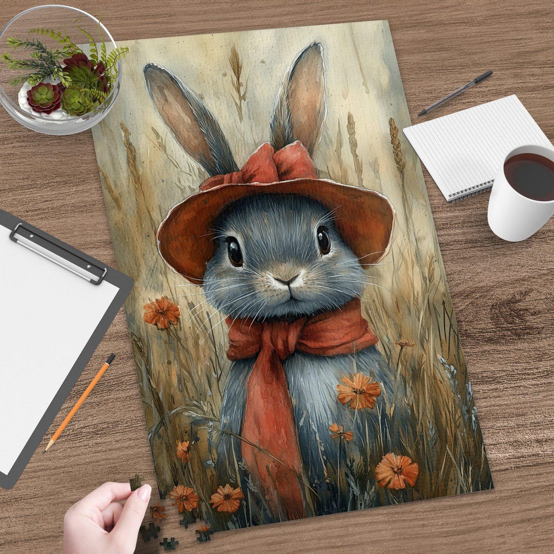 Bunny Rabbit Art Jigsaw Puzzle | Elegant Animal Game With Red Hat - Etsy
