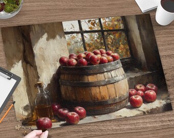 May include: A jigsaw puzzle depicting a wooden barrel overflowing with red apples, positioned near a window with autumn foliage. A glass bottle filled with amber liquid sits beside the barrel, with loose apples scattered on the surface.