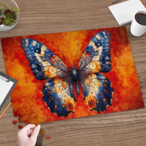 May include: A colorful butterfly puzzle with intricate details. The butterfly has blue, orange, and yellow wings with a detailed pattern. The puzzle is set against an orange background.
