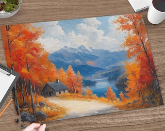 Autumn Cabin Art Jigsaw Puzzle | Mountain Lake Fall Foliage Game