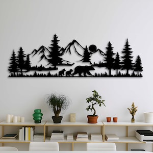 Décoration murale en métal en forme de forêt de montagne : décoration de silhouette de ferme
