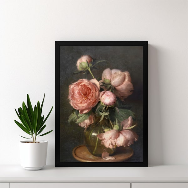 Peonies Painting -Vintage Art Print - Flower Print - Dark Floral Print - Farmhouse Decor - Printable Wall Art - Digital Download-Moody Pink