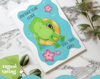 Tarjeta de cumpleaños de rana, estilo tropical, divertida para imprimir (6,25 x 4,5 pulgadas)