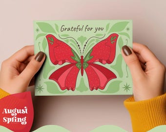 Tarjeta de felicitación imprimible de descarga instantánea (6.25 x 4.5 pulgadas), estilo cottagecore suave, diseño botánico simétrico, Pensando en ti