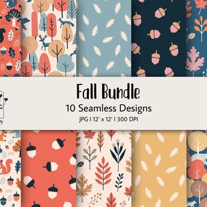 Könnte beinhalten: Ein Set mit 10 digitalen Papierdesigns mit herbstlichen Mustern. Die Muster beinhalten Eichhörnchen, Eicheln, Blätter und Bäume in verschiedenen Farben, darunter Rot, Blau, Grün und Gelb. Die Designs sind 30,48 cm x 30,48 cm groß und haben eine Auflösung von 300 DPI.