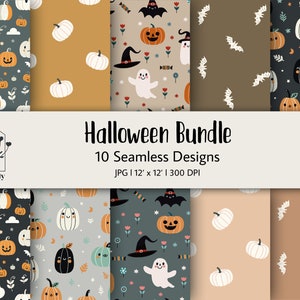 Könnte beinhalten: Ein Set mit 10 digitalen, nahtlosen Mustern zum Thema Halloween mit Kürbissen, Geistern, Fledermäusen, Zuckermais und Sternen. Die Muster sind in verschiedenen Farben gehalten, darunter Schwarz, Orange, Weiß und Grün. Die Muster sind 30,5 cm x 30,5 cm groß und haben eine Auflösung von 300 DPI.