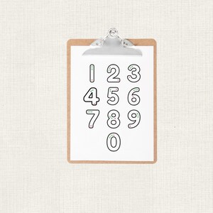Op de afbeelding: Een klembord met een wit vel papier met de cijfers 0 tot en met 9 in een zwarte omtrekletter met een groene accentkleur. Het klembord heeft een zilveren clip en een bruine achterkant.
