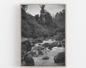 Könnte beinhalten: Schwarz-Weiß-Druck in einem Rahmen, der eine Flusslandschaft zeigt. Das Bild zeigt einen Fluss, der durch ein felsiges Gebiet fließt, mit dichtem Laub auf beiden Seiten. Der Druck wird in einem Holzrahmen präsentiert und bietet eine klassische Ästhetik.