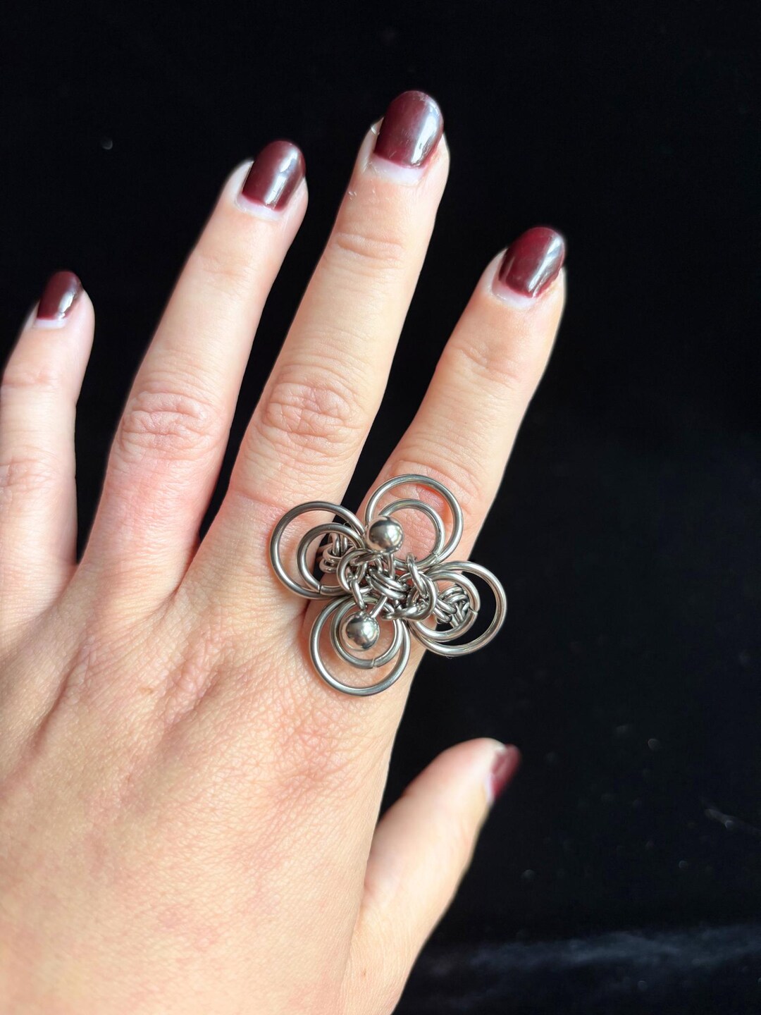 ROSA Stainless Steel Pierced Double Flower Chainmail Ring - Etsy