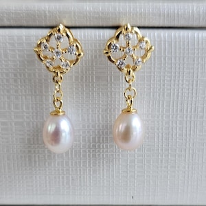 Light Pink Pearl Drop Earrings: 18K Gold-Plated Sterling Silver Lace Dangle