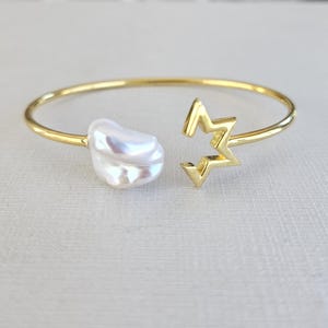 Handmade Keshi Pearl Star Bangle: 18K Gold-Plated Sterling Silver