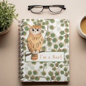 Caderno de coruja espiral I&#39;m a Hoot, diário de trocadilho engraçado com coruja, caderno pautado com estampa de floresta e coruja, diário fofo inspirado na natureza