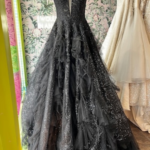 BLACK gothic tulle glitter A line wedding dress