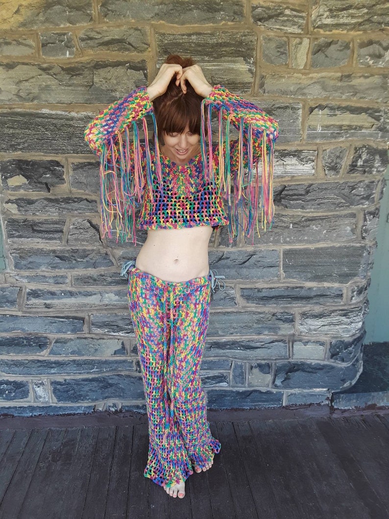 lace pants flared pants boho pants rainbow crochet pant crochet beachwear pants festival clothing Crochet hippie pants women/'s pants