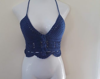 BLUE Crochet halter top,  size S/M, Ready to ship, crochet crop top, festival clothing, crochet bikini top, boho  crochet top, gypsy top