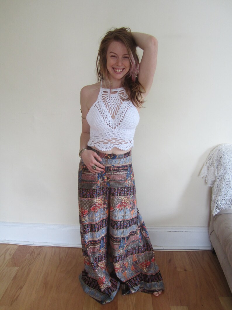 beach cover up gypsy top, Festival clothing WHITE CROCHET crop TOP high neck halter top crochet halter top bohochic