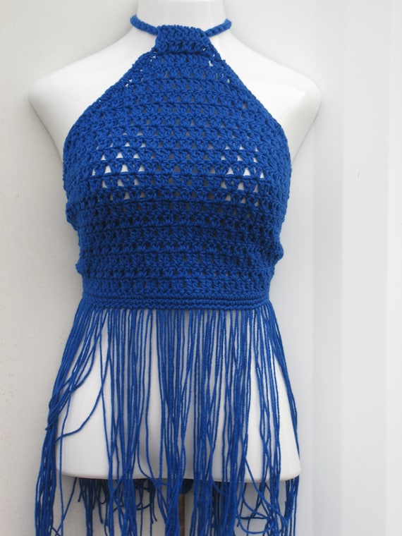 Items similar to Crochet halter top, Royal blue 70's fashion halter top ...