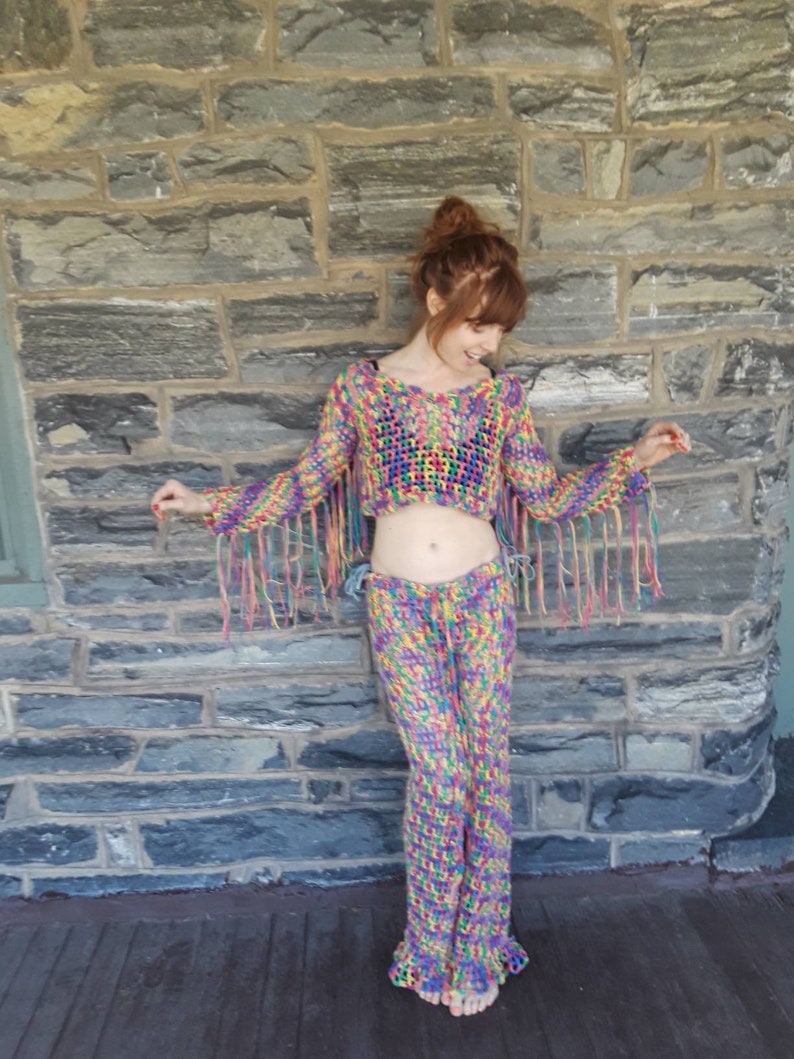 lace pants flared pants boho pants rainbow crochet pant crochet beachwear pants festival clothing Crochet hippie pants women/'s pants
