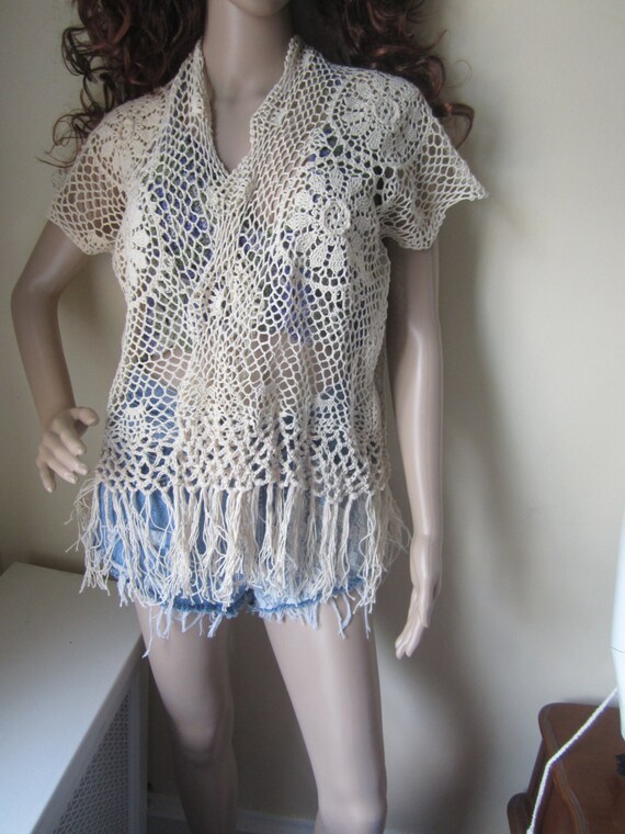Items similar to Crochet kimono, lace kimono, beach cover up, fringe