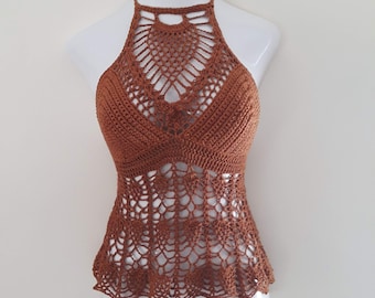 BROWN crochet halter top, size S/M, Ready to ship, crochet lingerie, crochet beach top, festival crochet outfit, boho crochet top